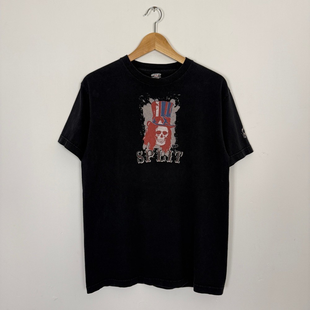 Vintage 90s Split Surf Skate Tee Shirt Skull Black Faded Medium Streetwear