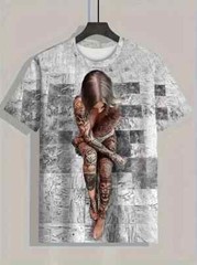 Men’S 3D Digital Female Figure Pattern & Plaid Print Crew Neck And Short Sleeve