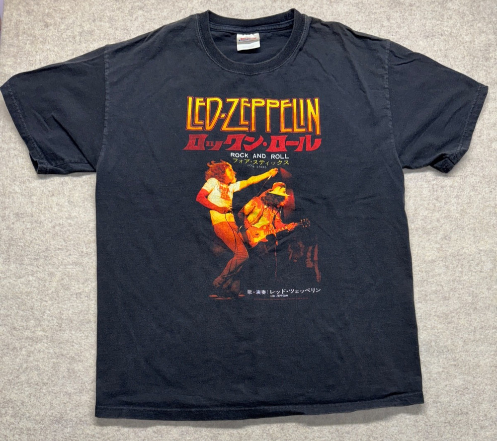 VTG Led Zeppelin T Shirt Men L Black Rock Roll Four Sticks Japan Hanes