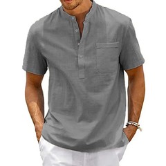 Men Cotton Linen Henley Shirt Summer Casual Beach Short Sleeve Tshirt Top Gift