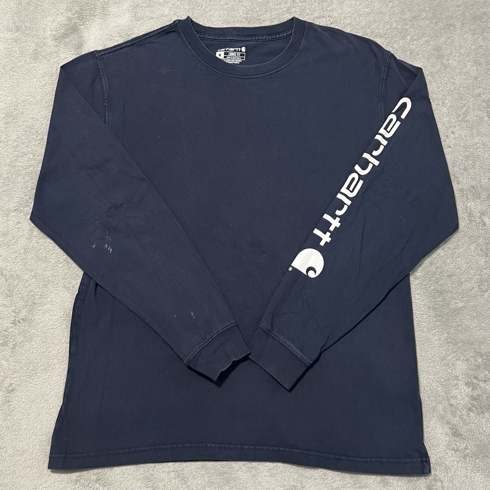 Carhartt T Shirt Mens M Blue Loose Fit Spellout Logo Long Sleeve Tee