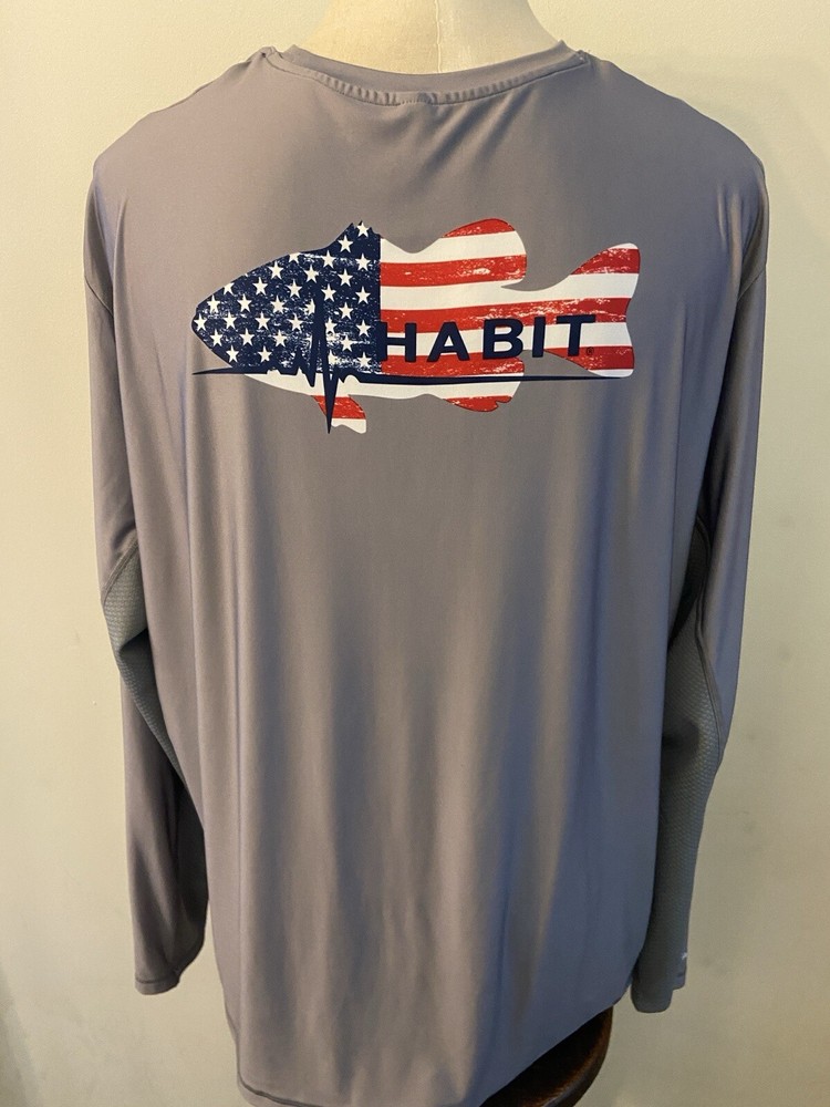 Men’s Habit Solar Factor UPF 40 Long Sleeve flag Fish Americana shirt size 2XL
