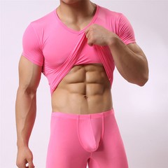 Men’s Smooth T-Shirt Sheer Gym V-Neck Tops Slim Fitness Soft Tight Short Tee Hot