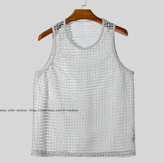 Mens Knitted Crochet Tank Tops Summer Hollow Sleeveless T-shirt Scoop Neck Shirt