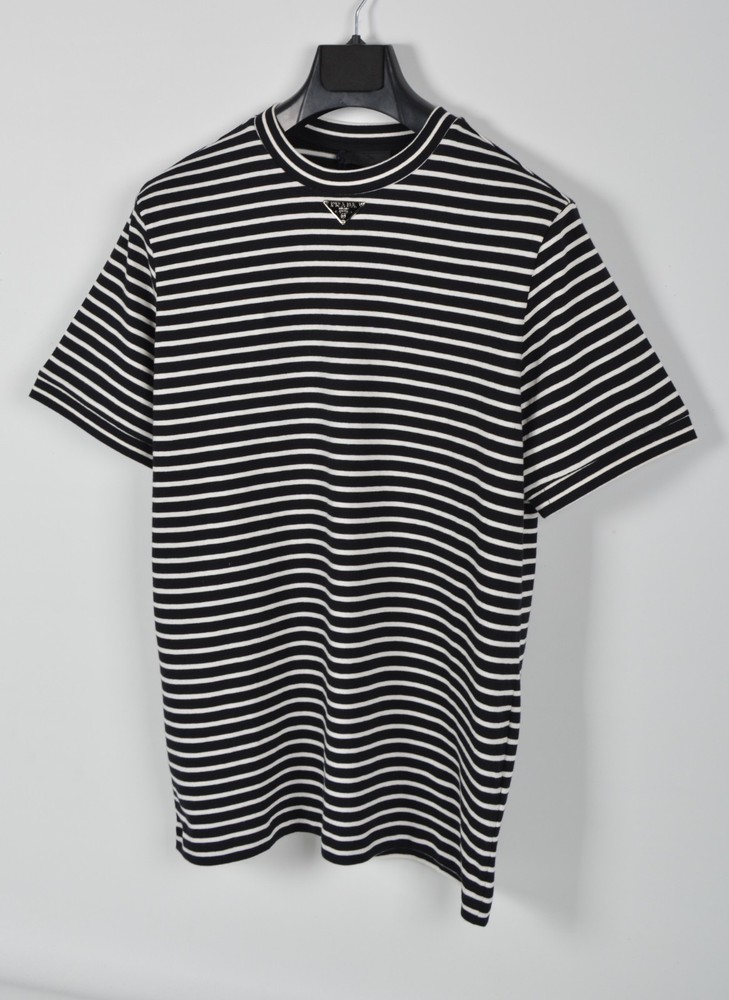 Men’s Prada Black & White Striped Knit T-Shirt S | Metal Plaque Detail