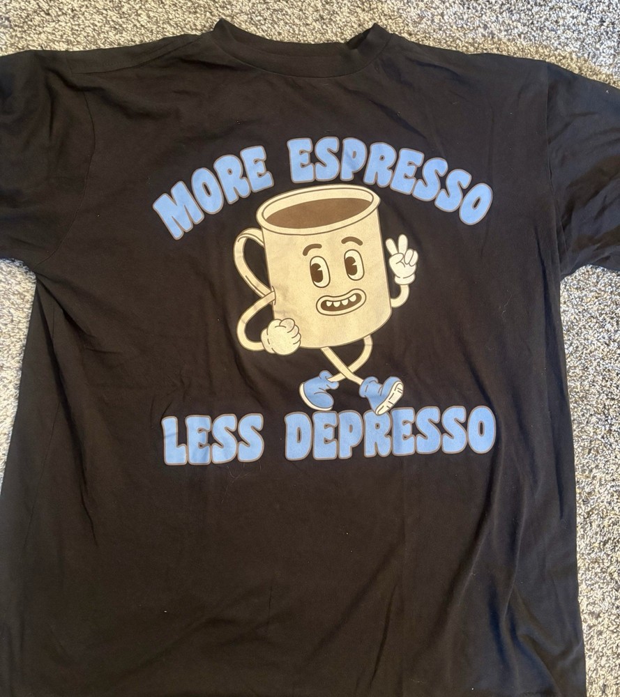 More Espresso Less Depresso Coffee Cup Character Men’s T-Shirt Size Large