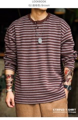American Casual Striped Men Loose Retro Henry Collar Long-Sleeved T-Shirt Autumn