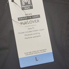 Members Mark Mens Top Large Size Black Long Sleeves Pullover w Zip Pocket