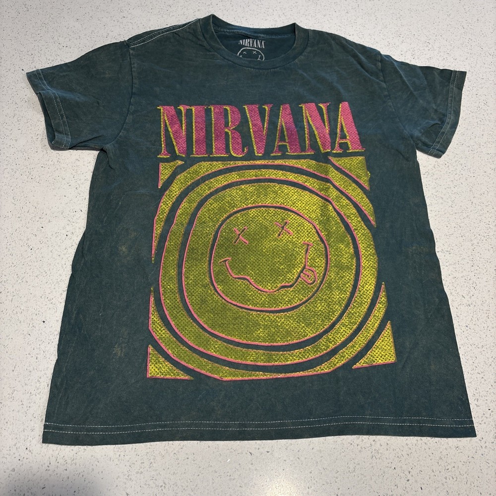Official Nirvana Smiley Face Distressed Band Tee Shirt Green Size Small
