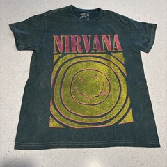 Official Nirvana Smiley Face Distressed Band Tee Shirt Green Size Small