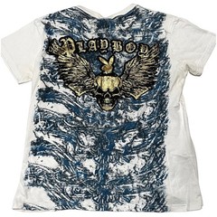 Playboy Graphic T Shirt Y2K Skull Wings Gold Foil Blue Marble Wash Large s1