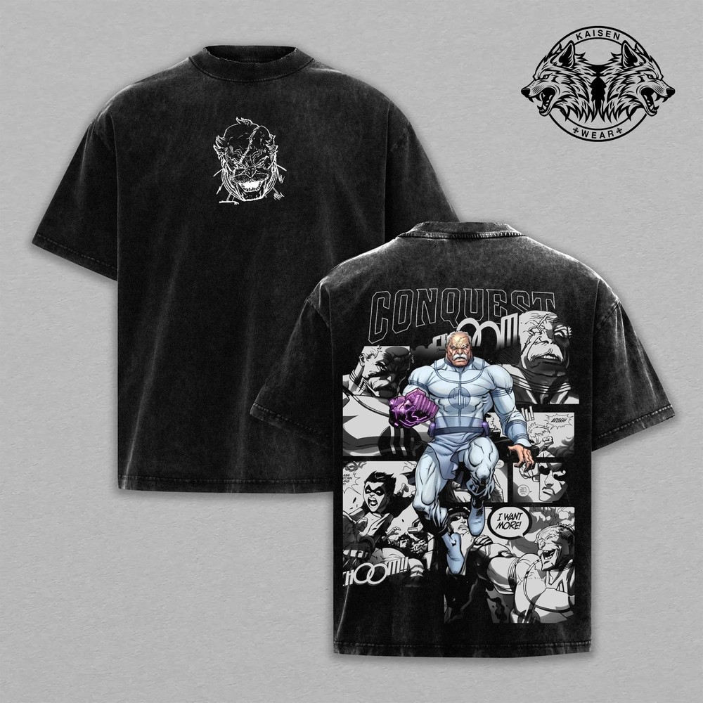 Conquest Invincible Villain Graphic Tee, Vintage Washed Superhero Shirt