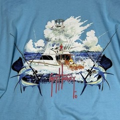Guy Harvey Mens Shirt Large Blue Graphic Pocket Tee Marlin Fishing Short Sleeve