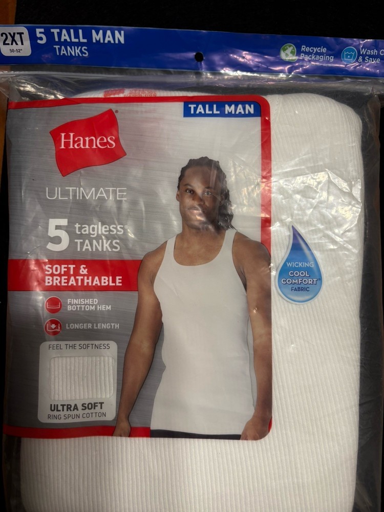 Hanes Ultimate White Tank Tops A-Shirt 5 Pack 2XT Tall Man Tagless Ribbed NWT