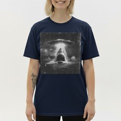 Funny Shark Abduction T-Shirt UFO Alien Vintage Art Sci-Fi Graphic Tee S-5XL