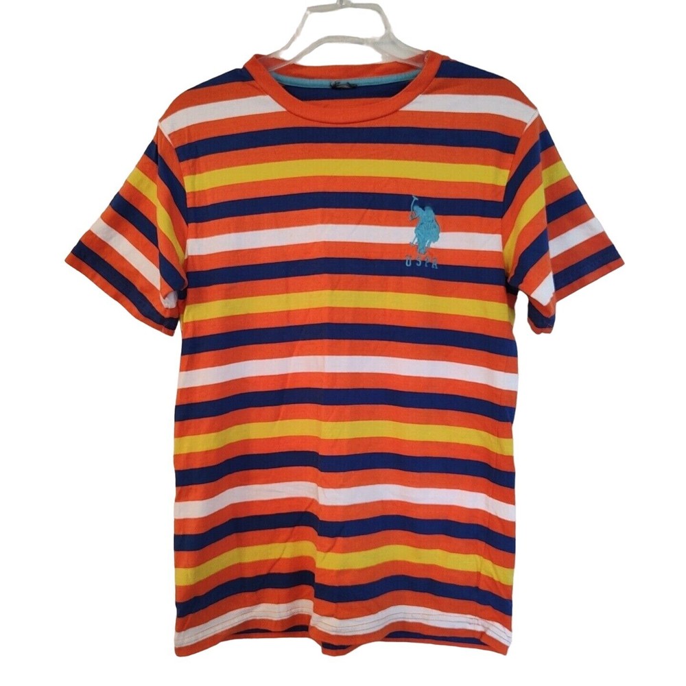 USPA T-Shirt Men Size S Orange Colorful Striped Embroidered Logo Short Sleeve