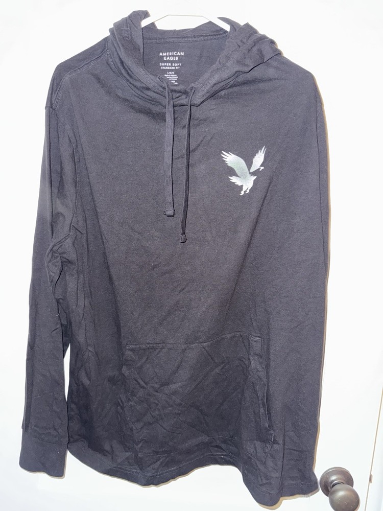 American Eagle Mens L Super Soft Standard Fit Black Hooded Long Sleeve T Shirt