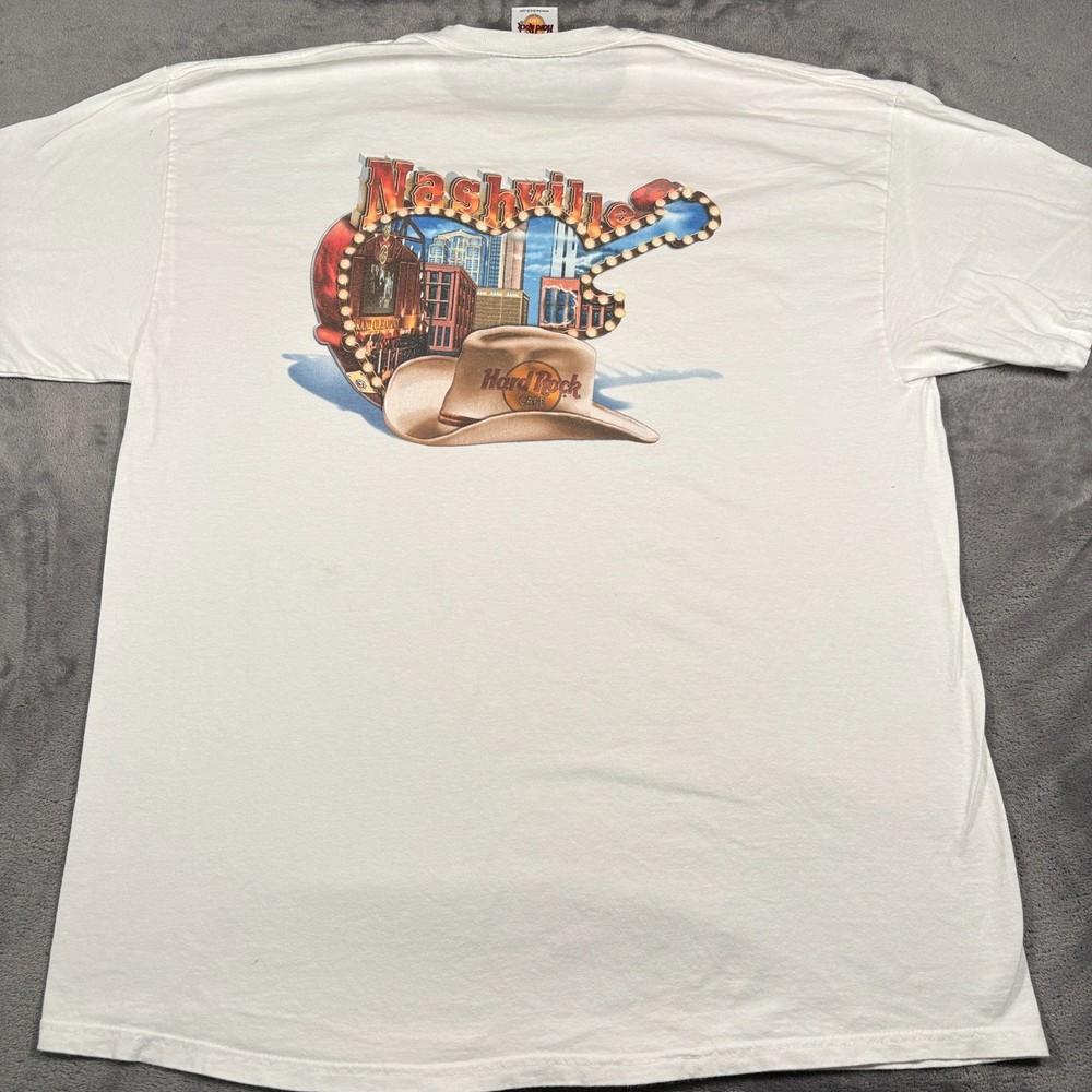Vintage 90s Hard Rock Cafe Nashville T-Shirt Mens XL White Guitar Graphic Casual