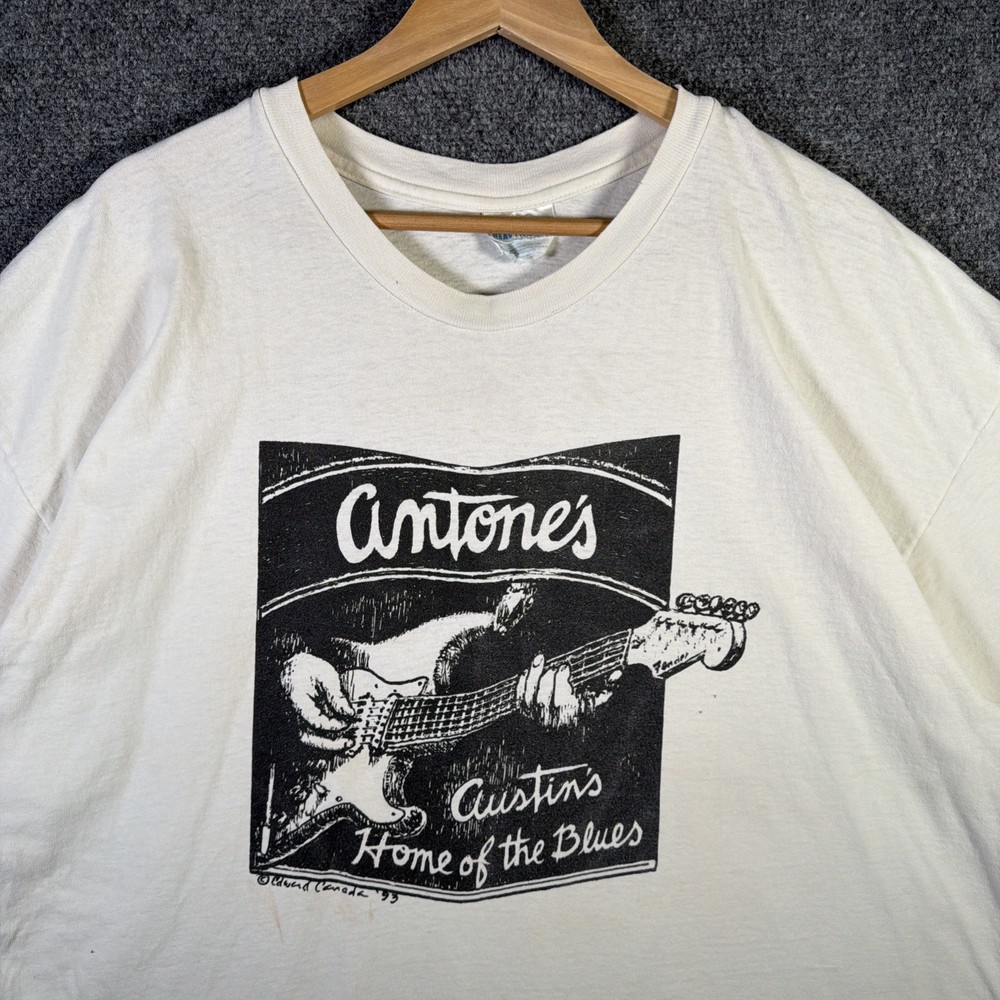 Vintage Antones Shirt Mens XL White 90s Home Of The Blues Portrait Art Jazz USA