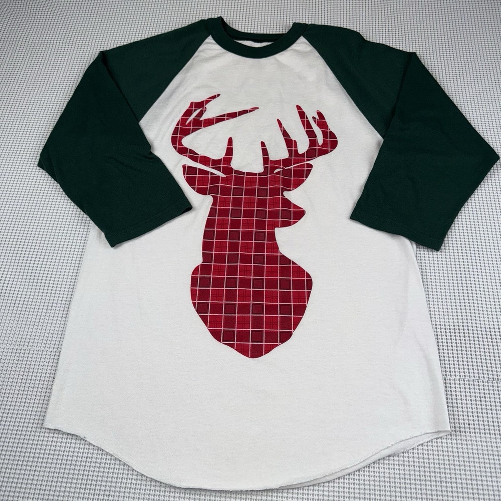 Soffe Unisex Christmas Deer Raglan Holiday T Shirt, Size Small, Red & Green