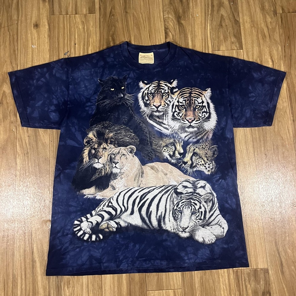 Vintage The Mountain Shirt Mens Large Blue Big Cat Lion Tiger Wildlife Y2K
