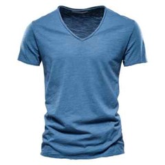 100% Cotton V-Neck Design Slim Fit Soild Color Short Sleeve T Shirt for Men