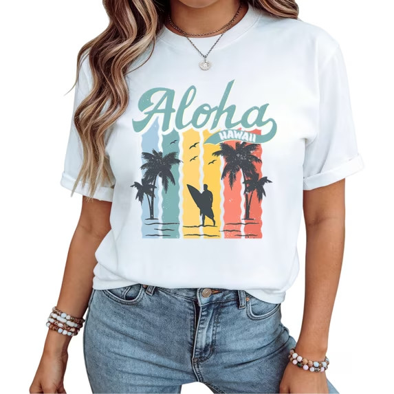 Retro Aloha Hawaii Palm Tree Beach Graphic Tee