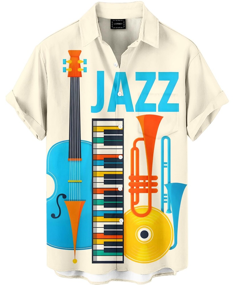 Jazz Music Hawaiian Shirt for Men, Short Sleeve Button Down with Musical Inst…