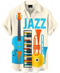 Jazz Music Hawaiian Shirt for Men, Short Sleeve Button Down with Musical Inst…