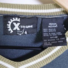 Vintage X-Treme Gear V-Neck Acrylic Shirt Size Medium Retro Striped Navy Blue