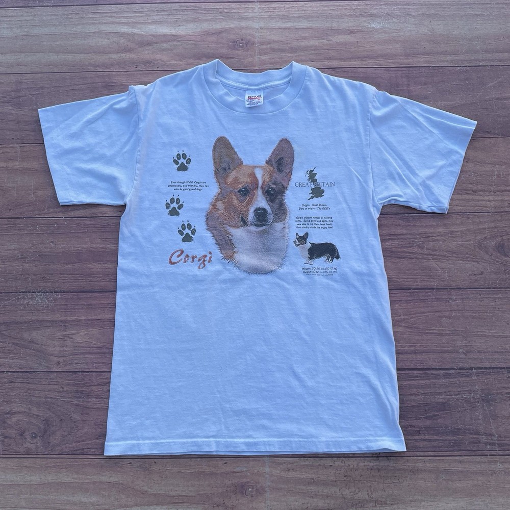 Vintage 90s RARE Corgi Great Britain Animal Dog Breed Shirt Size M Sky Blue Tee