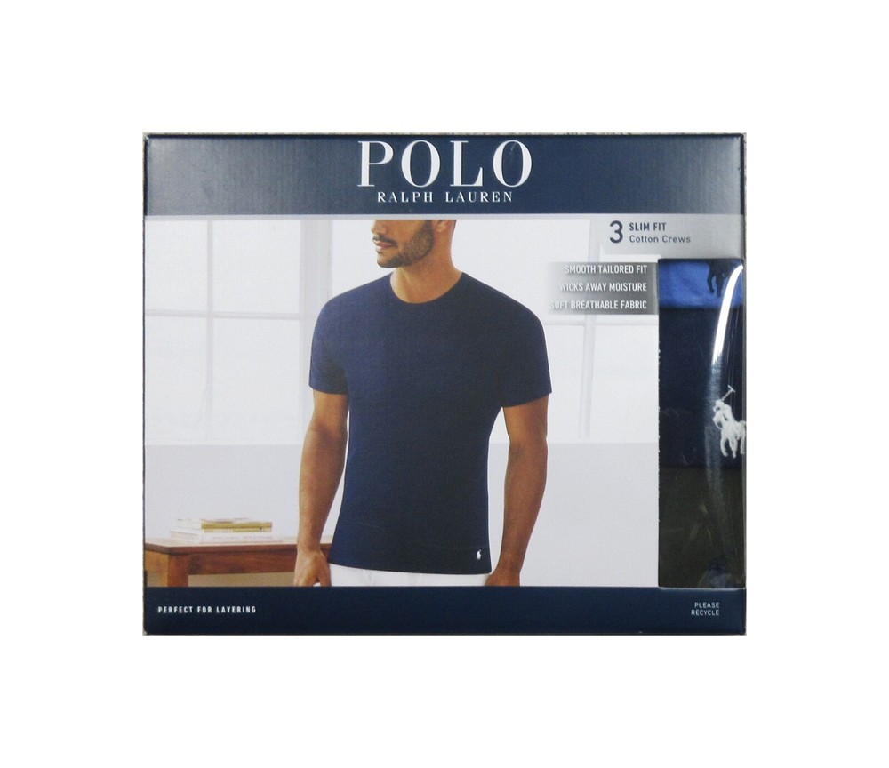 Polo Ralph Lauren Men’s Blue-Navy-Green Slim Fit Crew-Neck 3 Pack T-Shirts
