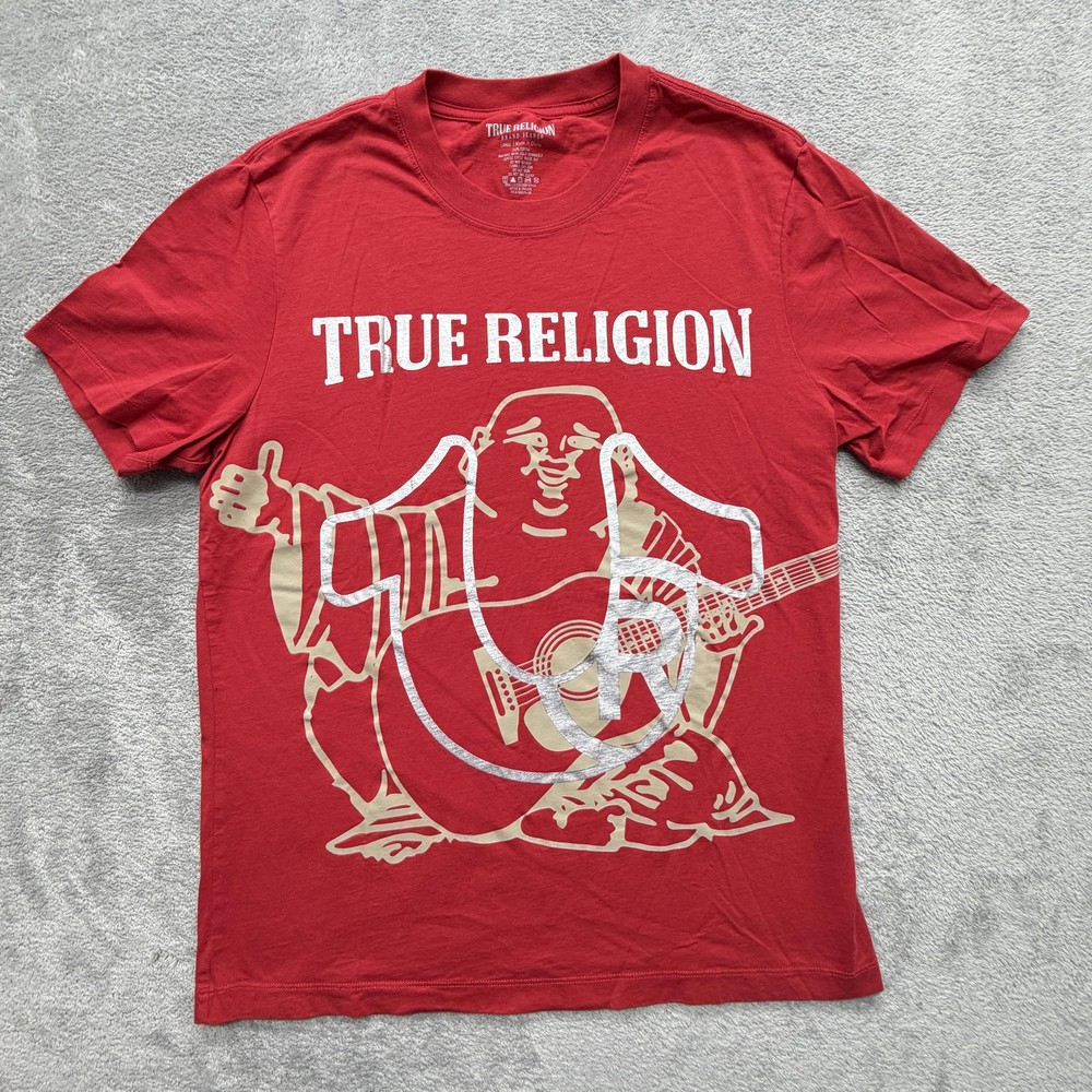 True Religion Shirt Mens L Red Guitar Buddha Graphic Crewneck Cotton Tee