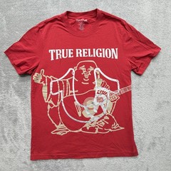True Religion Shirt Mens L Red Guitar Buddha Graphic Crewneck Cotton Tee