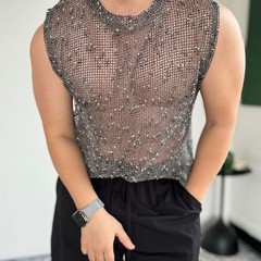 Men’s Fishnet Hollow Vest Sleeveless Shiny Mesh Tank Top for Club Party Daily