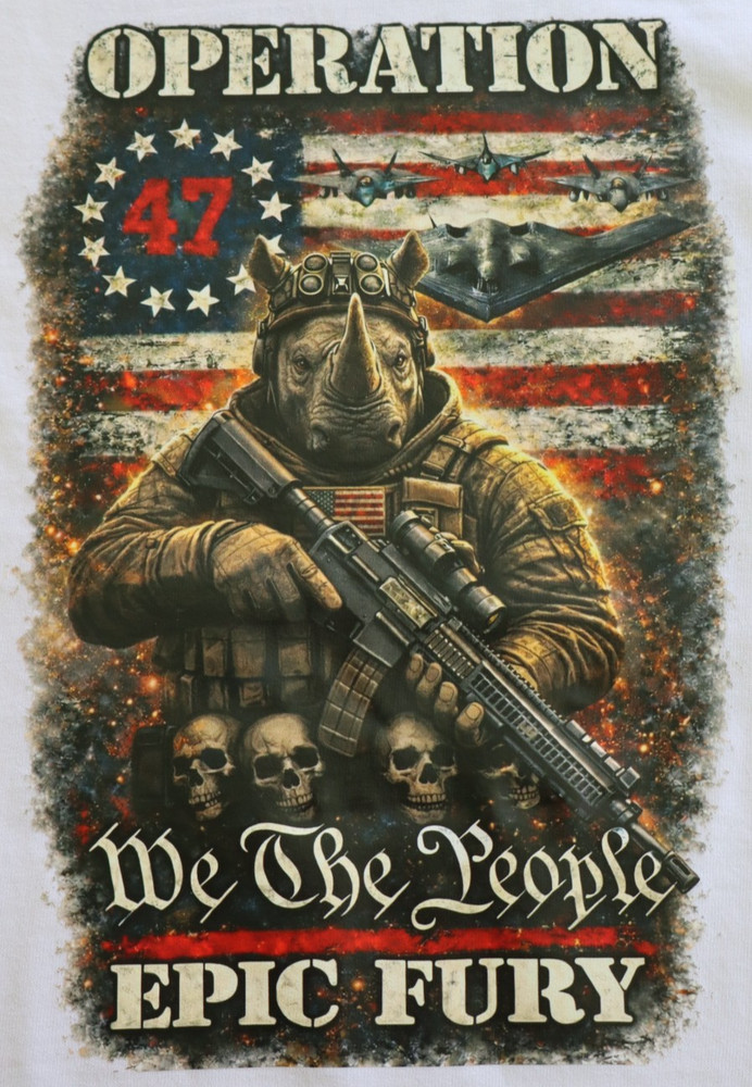 Operation Epic Fury US Flag Stars Stripes Rhino Skulls America Print T-Shirt WAR