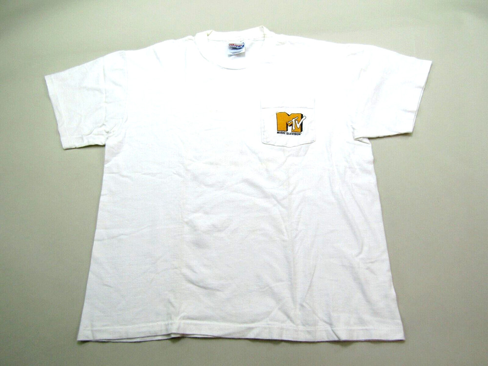 VTG MTV Music Television T-Shirt Men Large 42-44 Plug In Y2K 90s Pocket Tee Rare