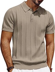 Mens Short Sleeve Polo Shirt Textured Knit Ribbed Casual Golf Style Soft Comfort