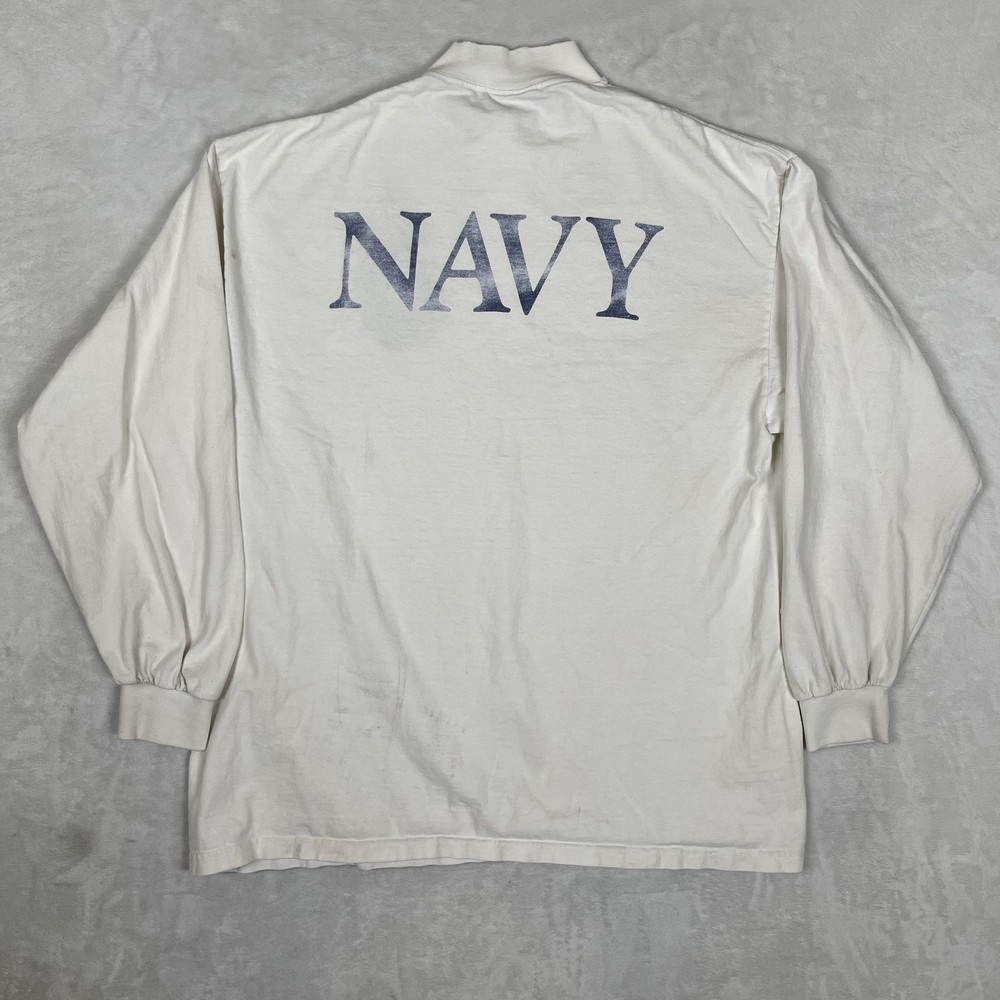 Vintage Navy Long Sleeve T-Shirt Mens XL White Mock Neck Made USA 90s
