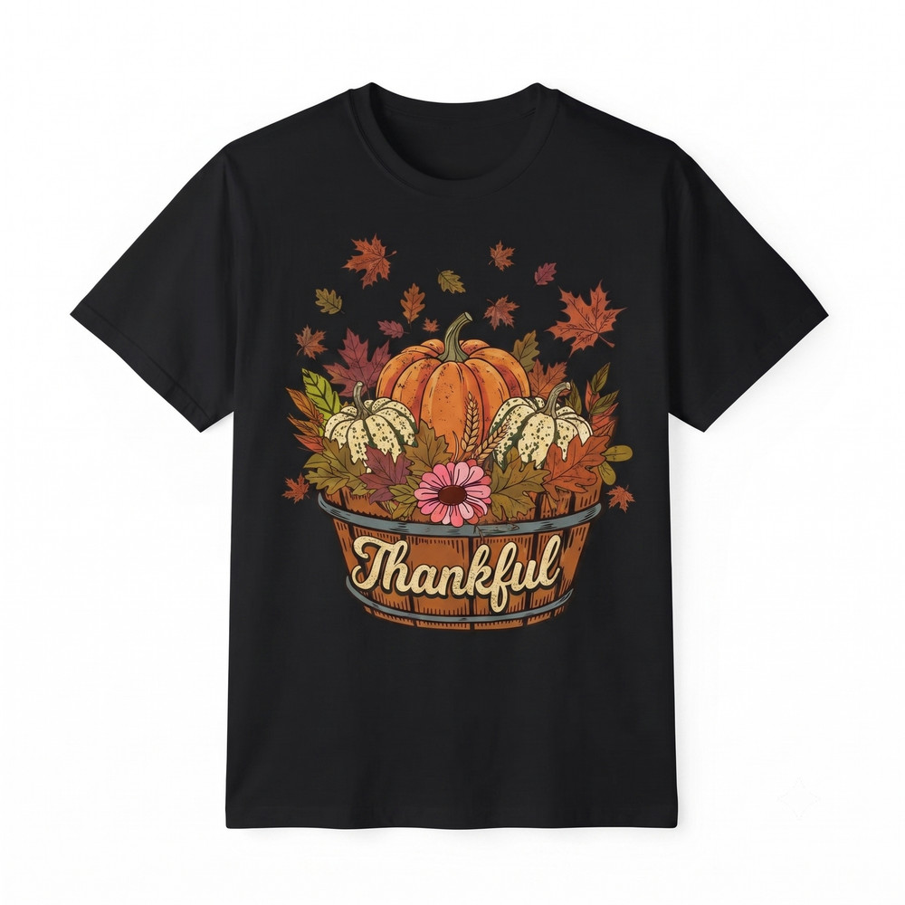 Thankful Bushel Basket Of Pumpkins And Fall Leaves Thanksgiving T-shirt