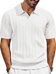 Mens V-Neck Polo Shirt Knit Textured Breathable Summer Casual Top