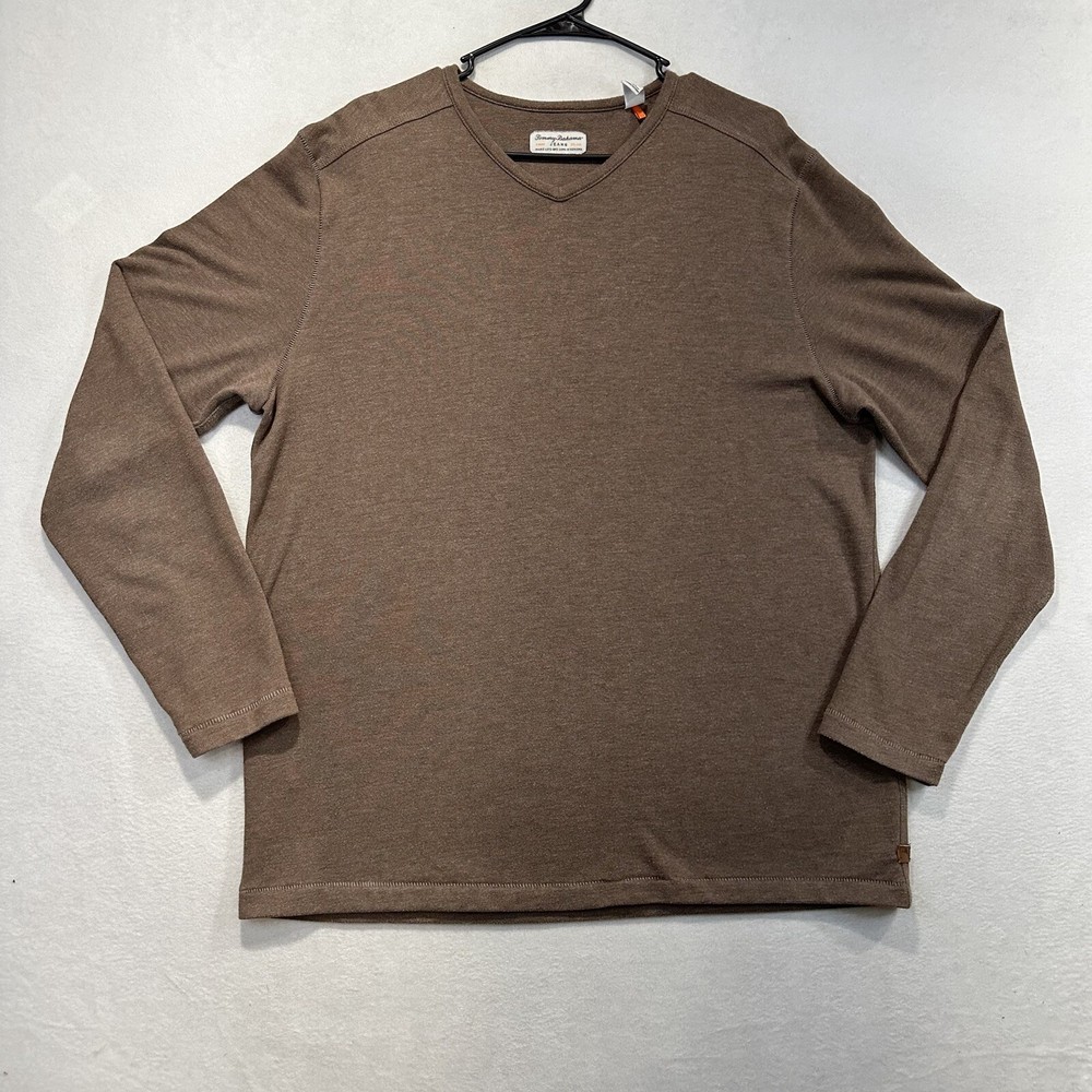 Tommy Bahama V Neck Shirt Medium Brown Long Sleeve Mens Poly Cotton Blend