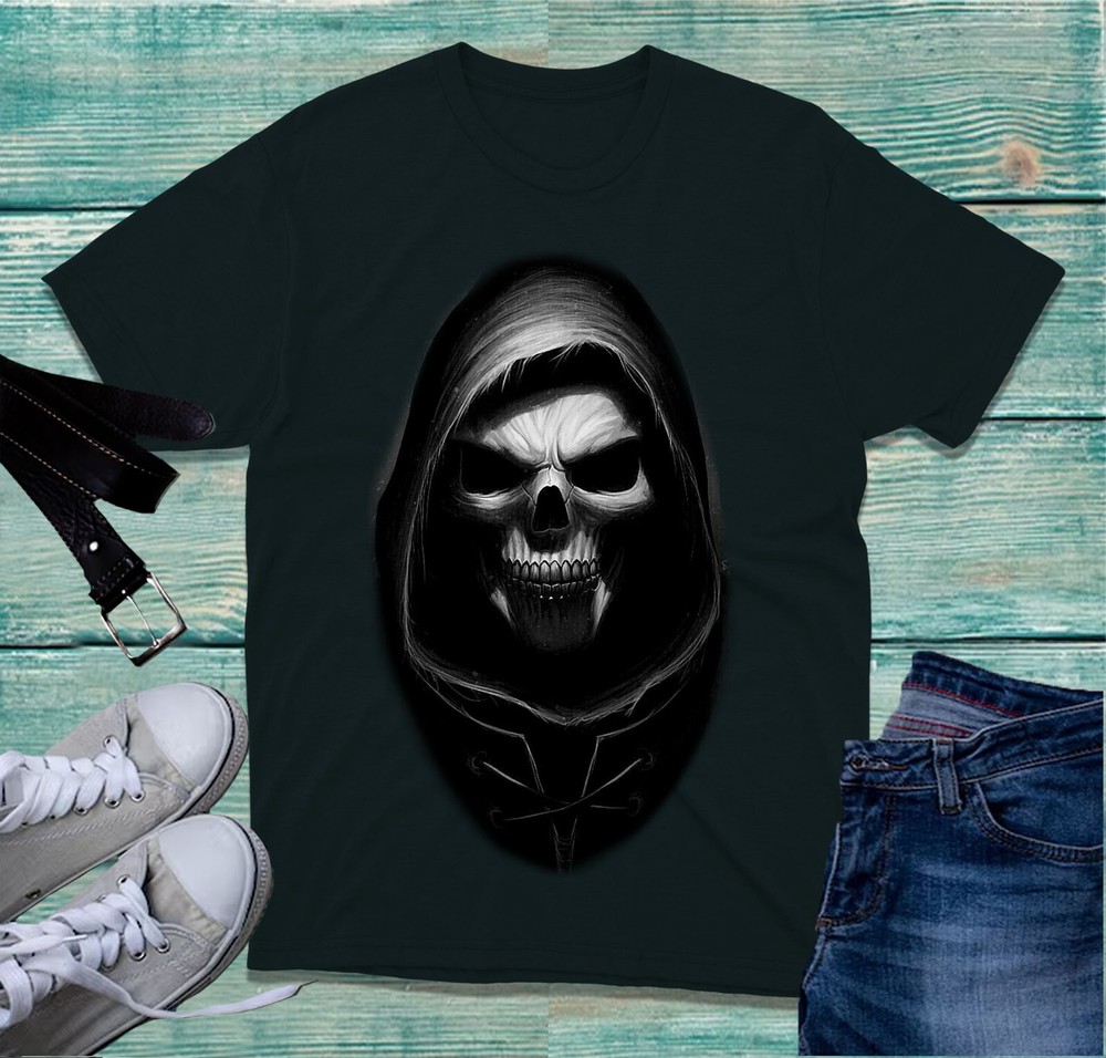 Skull In Black Hood Front Big Print T-Shirt Death Skull Horror Scary Unisex Top