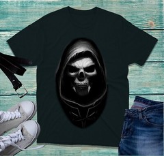 Skull In Black Hood Front Big Print T-Shirt Death Skull Horror Scary Unisex Top
