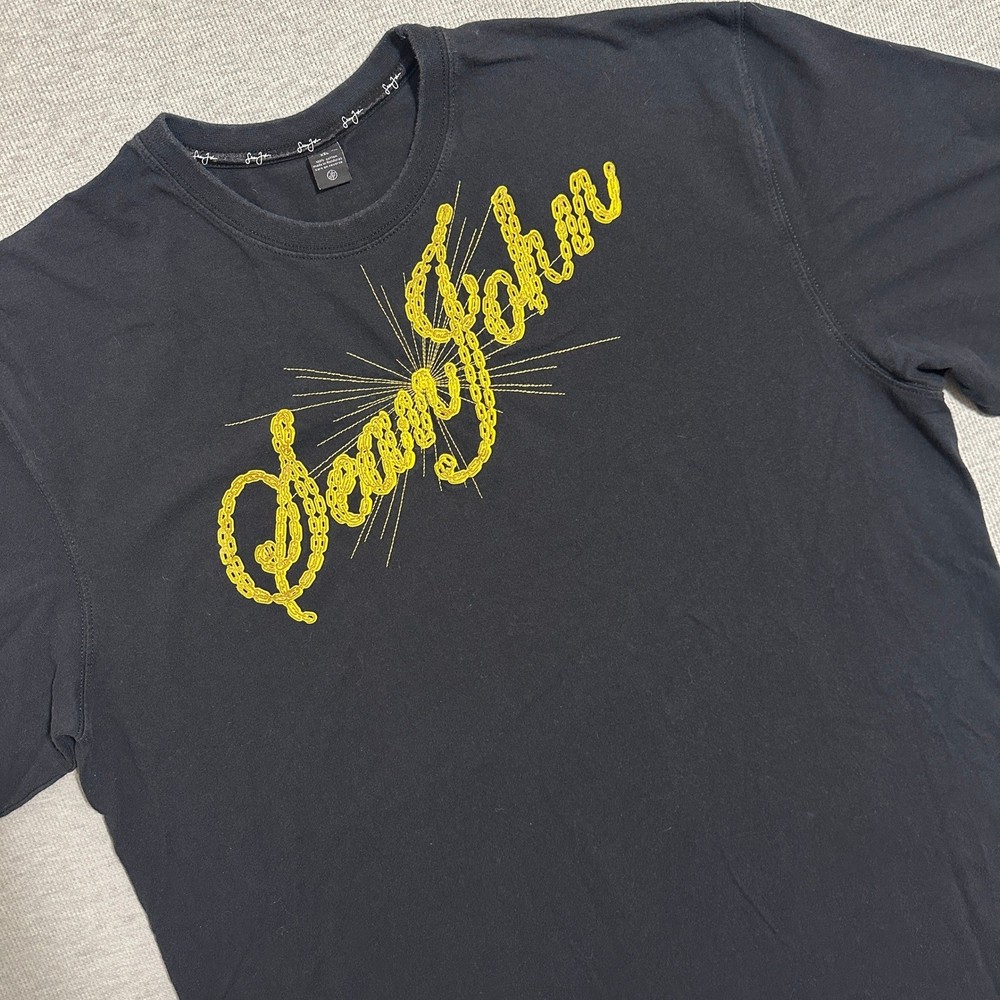 Y2K Sean John Chain Script Logo Tee Black Gold Hip Hop Puff Daddy Mens XXL