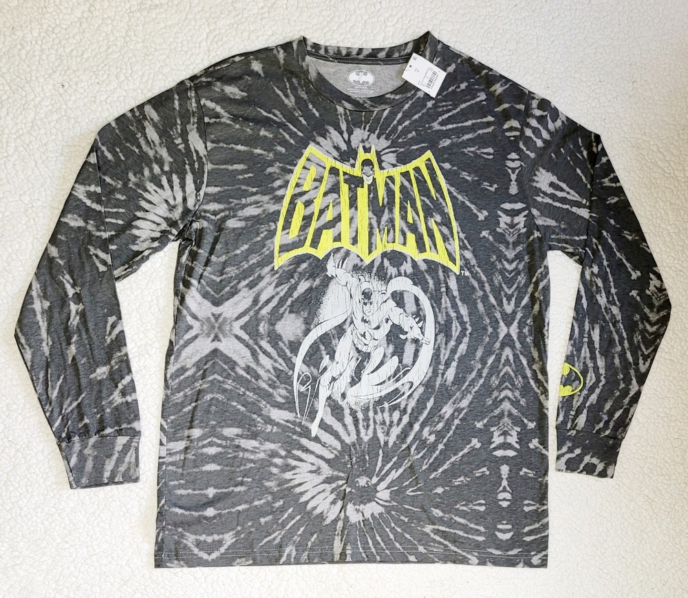 Mens DC Comics Batman Gray Tie Dye Long Sleeve Shirt Size M Medium NEW NWT
