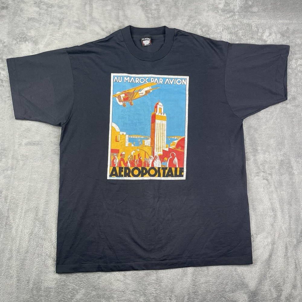 Vintage 80s Art Deco Shirt Mens 2XL Single Stitch Au Maroc Par Avion Airplane