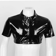 Summer Crop Tops All Seasons Tee Black Wet Look Breathable Daily Mens PVC