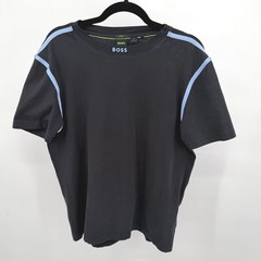 Hugo Boss Mens M T-Shirt Black Blue Contrast Piping Logo Collar Stretch