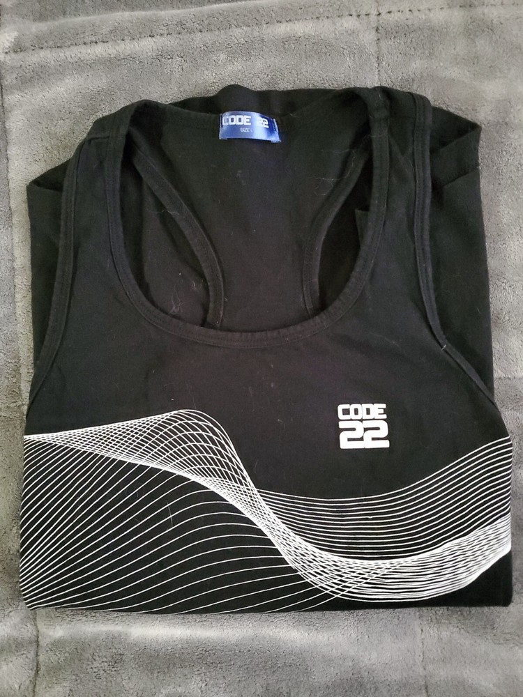 Code 22 Wave Lines Black Sleeveless Gym Tank Top SZ Large